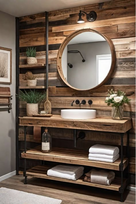 Natural Wood Accent Wall Bathroom, Wood And Metal Bathroom, Wooden Wall Bathroom, Bar Bathroom Ideas, Apartment Hacks Diy, Pallet Accent Wall, Rustic Bathroom Accessories, Wooden Wall Design, Wood Wall Bathroom