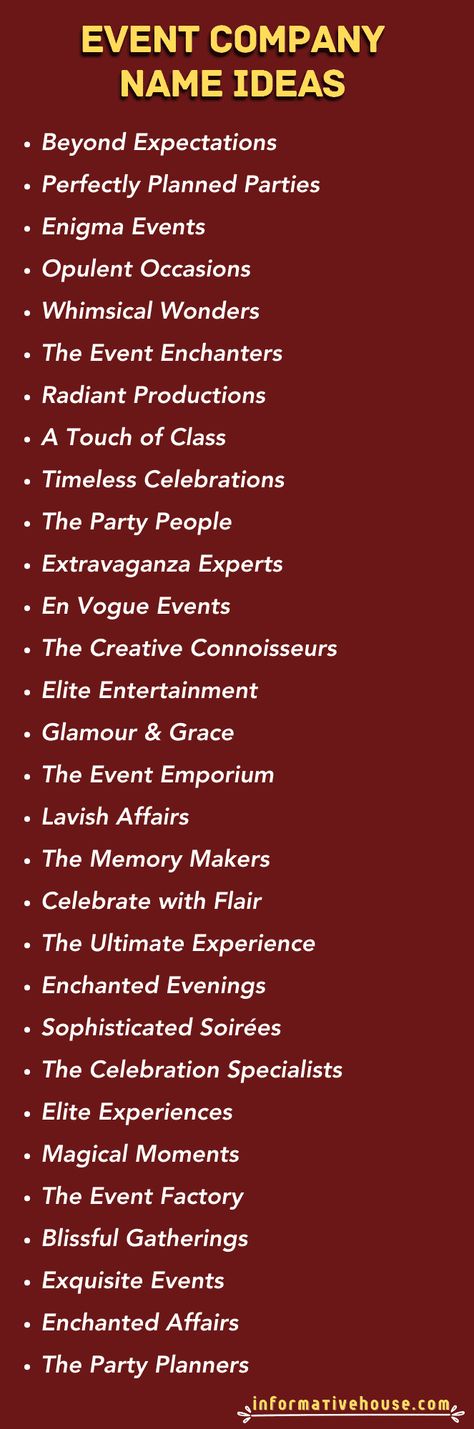 499+ The Most Unique Event Company Names Ideas! Unique Event Company Names Ideas, Names For Event Planning Business, Event Organizer Name Ideas, Event Management Names Ideas, Event Planning Business Names Ideas, Event Planner Names Ideas, Event Company Names Ideas, Event Name Ideas, Party Names Ideas