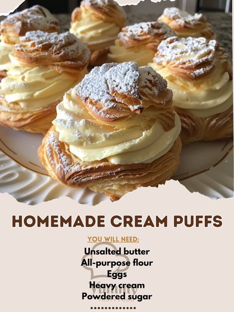 🍥🍰 Treat yourself to Homemade Cream Puffs! Light, airy, and filled with sweet cream. #DessertHeaven #CreamPuffs Homemade Cream Puffs Recipe Delight in these classic pastries with a light choux dough and a creamy filling for a luxurious treat. Ingredients: For the choux pastry: Water: 240ml Unsalted butter: 115g All-purpose flour: 125g Eggs: 4 For the cream filling: Heavy cream: 480ml Powdered sugar: 50g Vanilla extract: 5ml Powdered sugar for dusting: 30g Directions: Make Choux Pastry: P... Italian Patisserie, Coffee Cream Puffs, Canadian Treats, Classic Pastries, Key Lime Cookie Recipe, Easy Eclairs, Cream Puffs Recipe, Homemade Cream Puffs, Choux Dough