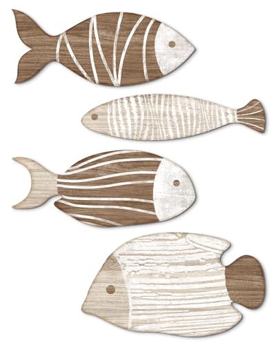 Putuo Decor 4 Pcs Wooden Fish Wall Decor Beach Nautical Coastal Theme Fish Wall Sculpture Wood School of Fish Wall Art Hanging Lake House Ocean Decor Vintage Ornaments for Home Bathroom Bedroom School Of Fish Wall Decor, Wood Fish Decor, Fish Wood Art, Coastal Boho Decor, Wooden Fish Wall Decor, Scrap Wood Wall Art Fish, Wood School, School Of Fish, Coastal Theme