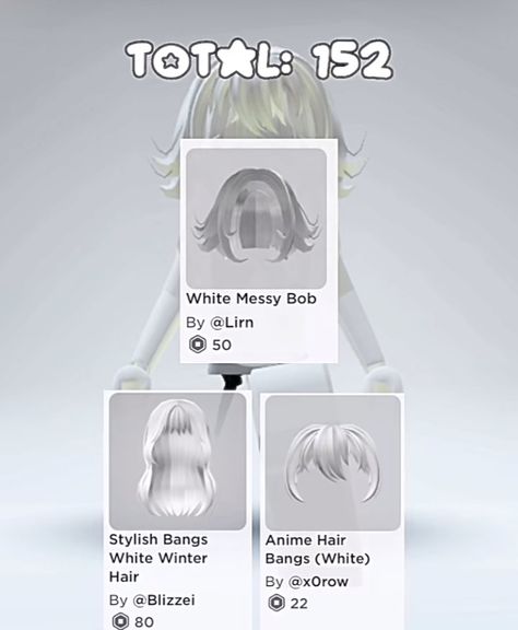 Roblox Hair Combos, Short White Hair, Roblox Clothing, Messy Bob, Roblox Avatars, Roblox Outfits, Anime Hair, Roblox Codes, White Hair