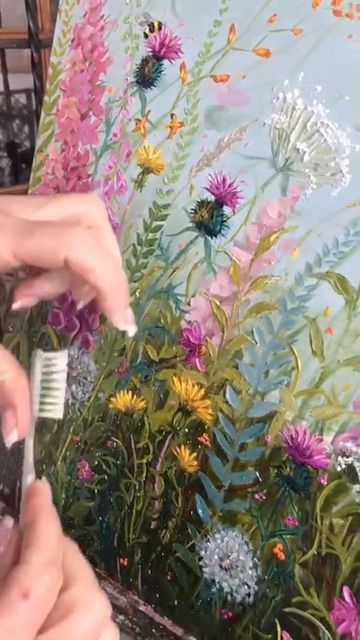 Cathy Lewis Art, Wild Flower Painting Acrylic Tutorial, Wild Flower Acrylic Painting, Wild Flowers Painting Acrylic, Painting Wildflowers Acrylic, Abstract Wildflower Painting, Wildflower Acrylic Painting, How To Paint Wildflowers, Flower Field Painting Easy