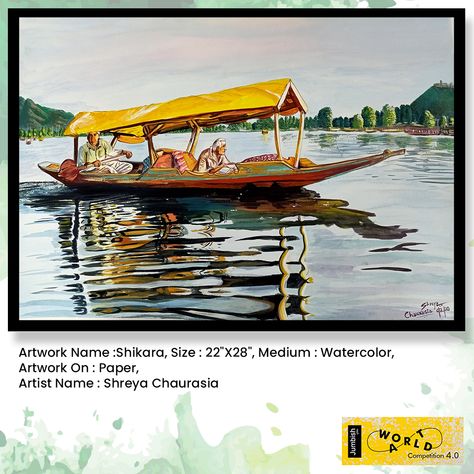 Breathtaking painting “Shikara” by artist “Shreya Chaurasia” takes us to an exciting ride of Shikara, which  is a type of wooden boat found on lakes of Srinagar in Jammu and Kashmir, India.  #Jumbish #JumbishCreations #Art #Artist #Paint #PaintYourOwnEscape  #PaintLandscape Kashmir Watercolor Painting, Shikara Boat Kashmir Drawing, Kashmir Drawing, Kashmir Tourism, Boat Drawing, Kashmir India, Card Inspo, Scenery Paintings, Art Competitions