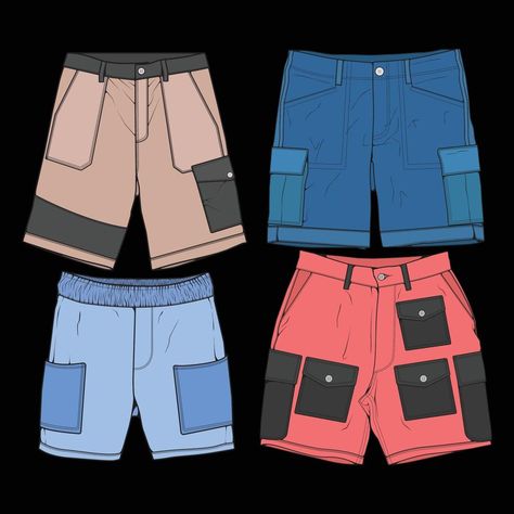 Short Pants Drawing, Illustrator Shorts, Short Technical Drawing, Shorts Flat Sketch, Joggers Flat Sketch, Short Pants Technical Drawing, Short Pants, Color Block, Vector Art