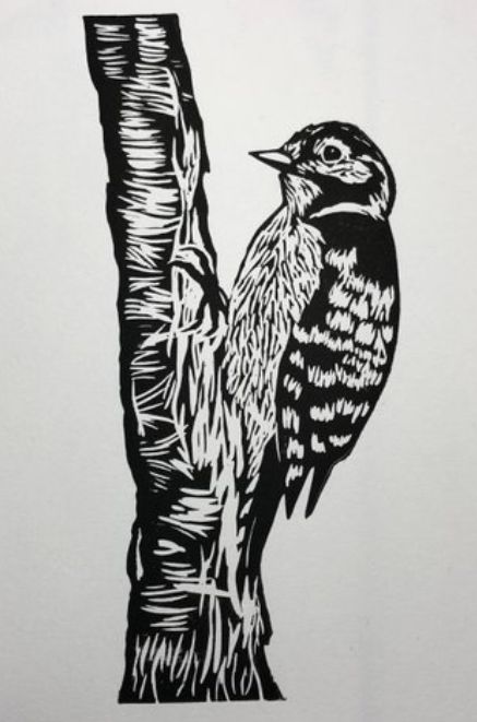 Linocut Stencil, Bird Printmaking, Bird Linocut, Ceramic Carving, Woodpecker Art, Lino Design, Linocut Ideas, Spotted Woodpecker, Monochromatic Art