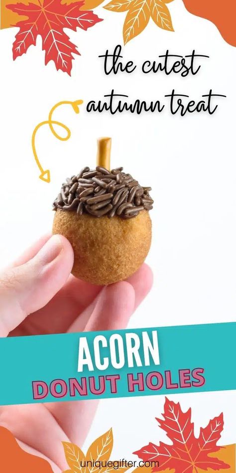 Fall Desserts | Autumn Themed Desserts | Donut Hole Desserts | Donut Hole Recipes | Donut Hole Acorns | Acorn Shaped Sweets | Autumn Treats | Fall Dessert Recipes | #dessert #recipe #acorn #fall #autumn #donuthole Donut Hole Recipe, Autumn Treats, Desert Ideas, Donut Dessert, Dessert Spread, Vanilla Icing, Pretzel Sticks, Themed Desserts, Cupcake Icing