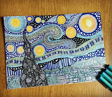 DAY 30 : My humble attempt to doodle The Starry Night painting by Vincent van Gogh. Have been at it since weekend,taking breaks as my eyes would take time getting adjusted to the real world after staring for too long at those doodles 😂 :-) Hope y'all like it! 💕💕 * * *  #100daysartchallenge #mandalatattoo #starrynight #zentangle  #zenart #mandalaslovers  #doodle #1msmallaccfeatureday #zenartfeatures #love #zcfeatureweek10 #artoftheday #picoftheday #beautiful #vincentvangogh #mandala #amazingst The Starry Night Painting, Aesthetic Sketch, Starry Night Painting, Starry Nights, The Starry Night, Hand Lettering Tutorial, Pretty Pics, Starry Night Van Gogh, Lettering Tutorial