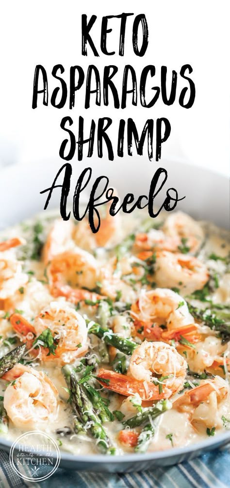 Shrimp and asparagus swimming in a delicious creamy Alfredo sauce almost seems too decadent to be a meal on it's own, but when you're eating keto we're ditching the carbs and embracing all the healthy fats! -- Keto Creamy Asparagus and Shrimp Alfredo {Gluten-Free & Primal} Asparagus Shrimp, Keto Asparagus, Shrimp Alfredo Recipe, Whole30 Breakfast, Korean Diet, Diy Foods, Keto Seafood, Desayuno Keto, Creamy Asparagus