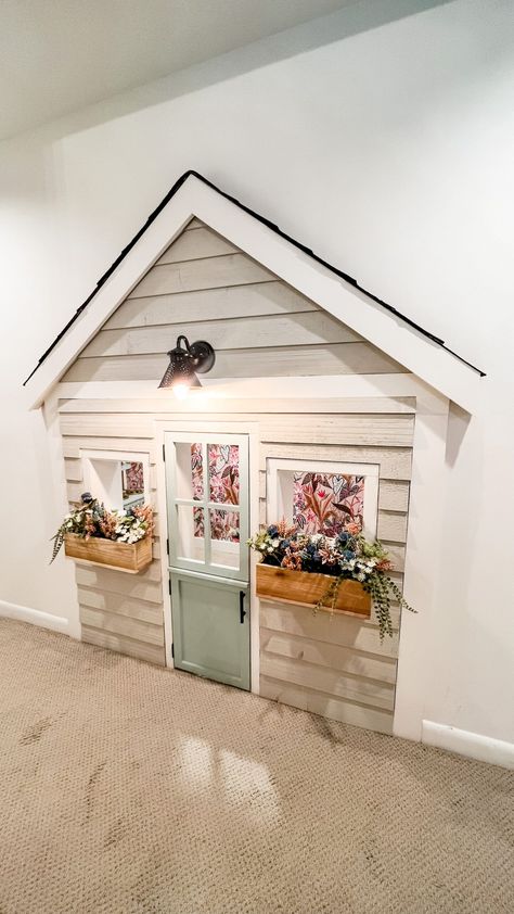 After being inspired by Harry Potter's bedroom under the stairs, we were motivated to create a playhouse in the same space under our basement stairs. What do you think? Bedroom Under The Stairs, Playhouse Under The Stairs, Stairs Playroom, Paint Plywood, Under Stairs Playhouse, Under Stairs Playroom, Cedar Shiplap, Dream Basement, Cane Webbing