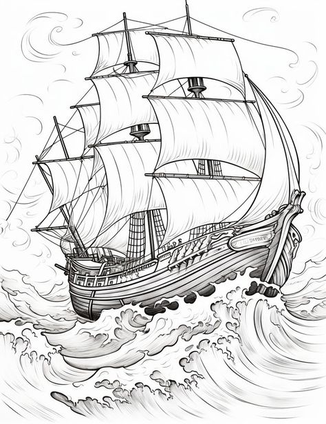 Old Ships Drawing, Pirate Ships Drawings, Pirate Ship Tattoo Stencil, Pirate Ship Drawing Reference, Pirate Ship Art Drawing, Old Sailing Ships Drawing, Pirate Ship Coloring Page, Pirate Ship Drawing Sketches, How To Draw A Ship