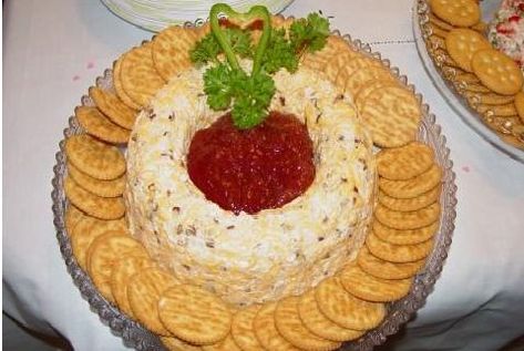 Cheese Ring With Strawberry Preserves, Cheese Ring, Party Spread, Strawberry Preserves, Cheese Ball Recipes, Sharp Cheddar, Cayenne Pepper, Cheese Ball, Appetizer Dips