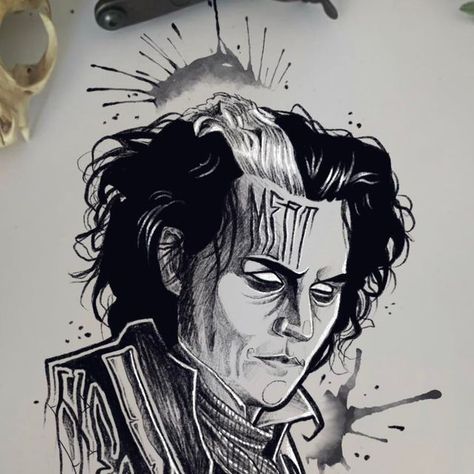 Sweeney Todd Tattoo, Tim Burton Tattoo Ideas, Tattoo Tim Burton, Tim Burton Tattoo, Goth Tattoo, Tim Burton Art, Sweeney Todd, Time Tattoos, Back In Black