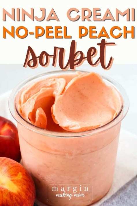 This Ninja Creami peach sorbet is made with ripe, fresh peaches, so it's bursting with that peach flavor that we all love in the summer time! As a bonus, you don't have to peel the peaches, so it's a quick and easy recipe! Ninja Creami Sorbet, Peach Sorbet Recipe, Creami Deluxe Recipes, Ninja Ice Cream Maker, Chunky Monkey Ice Cream, Pops Recipes, Ninja Ice Cream Recipe, Fresh Peach Recipes, Ninja Creamy