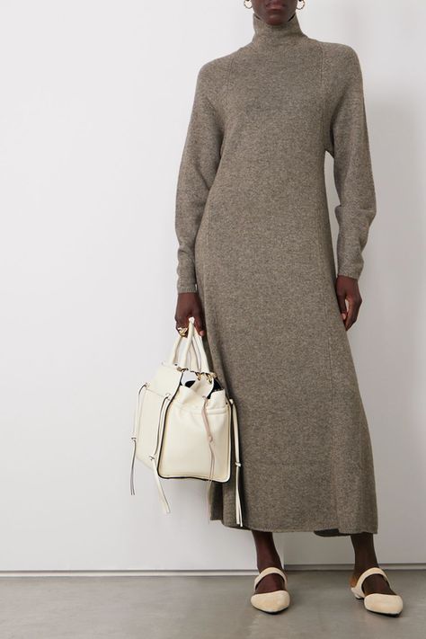 Best Knitted Dresses | SheerLuxe Minimalist Brands, The Round Up, Stylish Maxi Dress, Knitted Dresses, Grey Maxi Dress, Dress For Woman, Ribbed Knit Dress, Oversize Knit, Striped Turtleneck