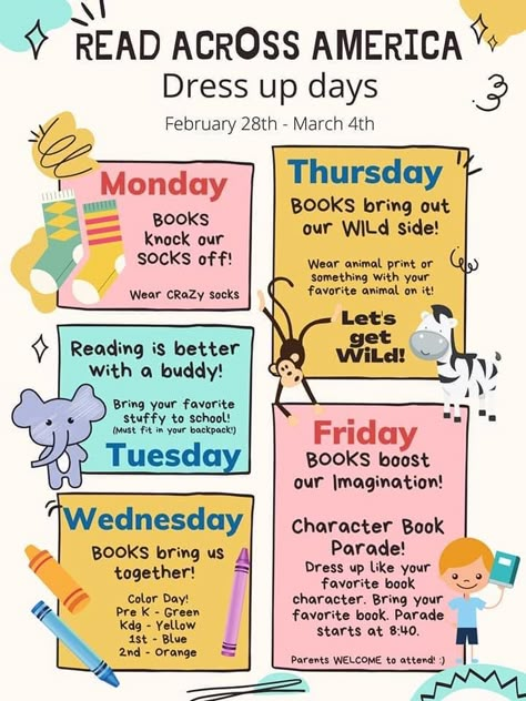 Read A Thon Ideas Schools, Literacy Night Preschool, Read Across America Activities Preschool, Read Across America Ideas For High School, Reading Week Ideas Elementary, Reading Spirit Week Ideas, Reading Dress Up Days, Reading Spirit Week, Literacy Month Ideas