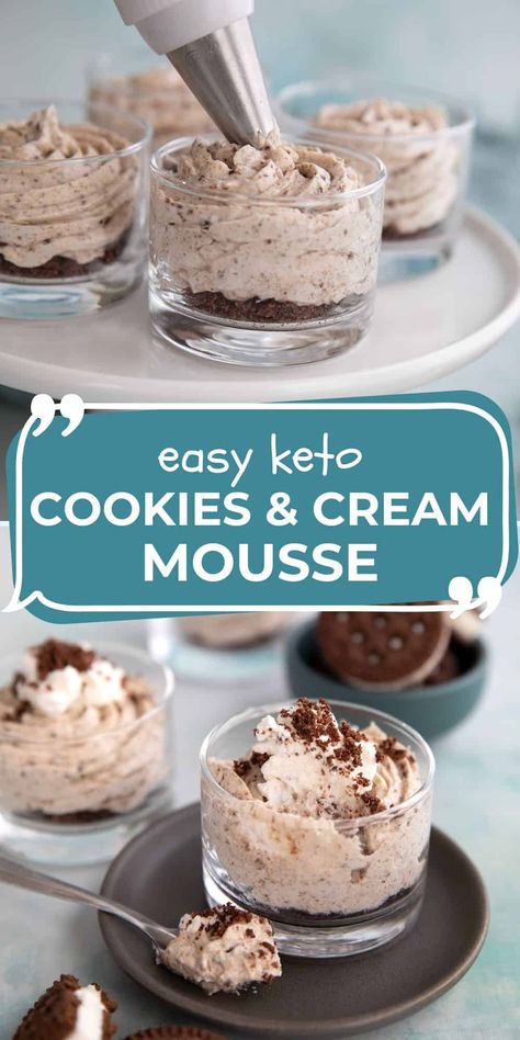 Keto Cookies and Cream! This easy keto mousse is creamy, sweet, and full of sugar-free chocolate cookie chunks. And ready in less than 20 minutes! Keto Moose Dessert, Keto Dessert Recipes 3 Ingredients, Keto Sweets Easy, Keto Cookies And Cream, Cookies And Cream Mousse, Keto Puddings, Keto Balls, Keto Mousse, Keto Cheesecakes