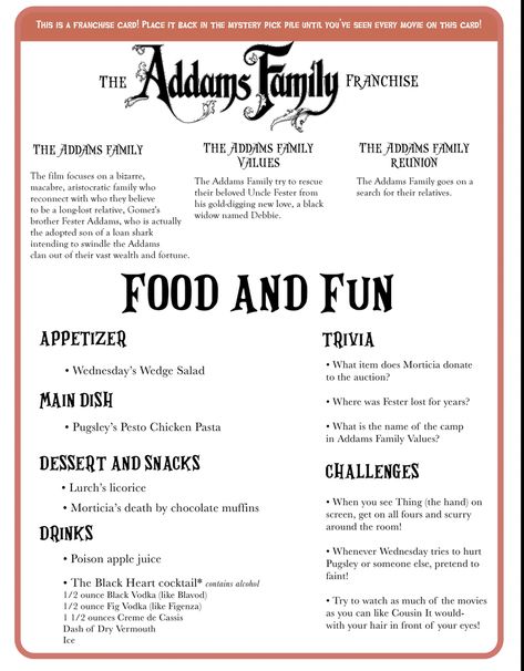 Movies With Food Themes, Disney Movie Night Menu Halloween, Family Themed Movie Nights, Fall Family Movie Night Ideas, Halloween Movie Food And Fun, Addams Family Dinner And A Movie, Adams Family Dinner And A Movie, Movies And Dinner Ideas, Halloween Themed Movie Night Ideas