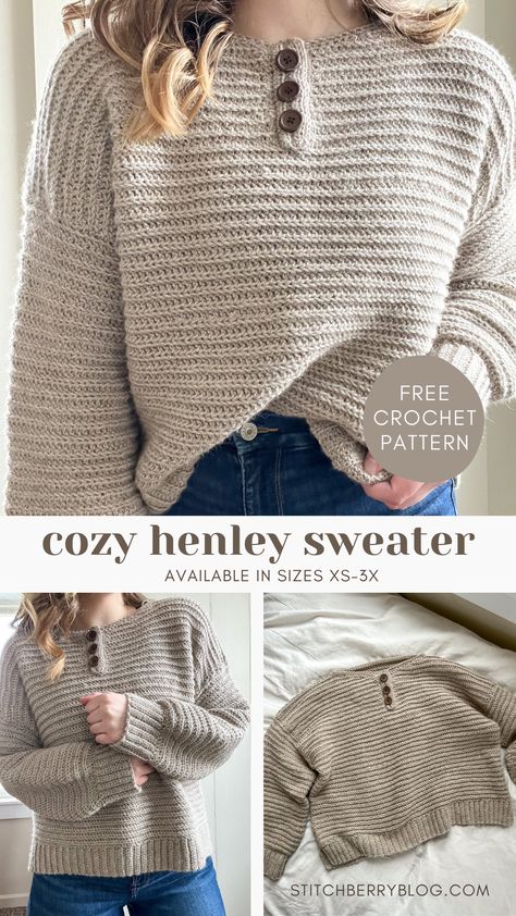 Best Yarn For Crochet Sweater, A Crocheted Simplicity, First Crochet Sweater, Crochet Henley Sweater Pattern, Crochet Trendy Sweater, Crochet Free Patterns Cardigan, Crochet Cashmere Sweater Pattern, Weight 6 Yarn Crochet Sweater, Easy Free Crochet Sweater Pattern