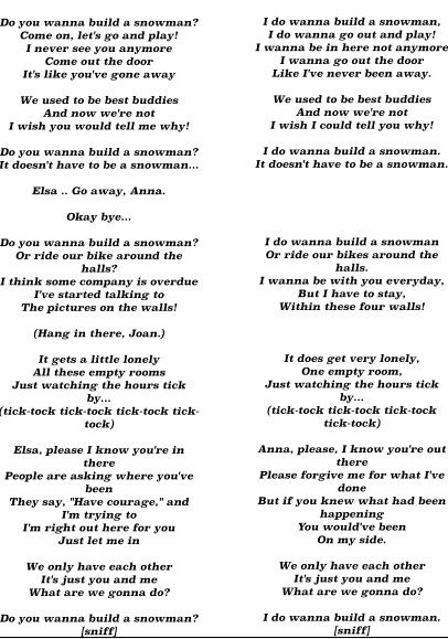 Left: do you wanna build a snowman lyrics from the movie (Anna version) Right: words that I made up (Elsa version) Do U Wanna Build A Snowman, Do You Wanna Build A Snowman, Snowman Lyrics, Snowman Songs, Notes For Friends, Wanna Build A Snowman, Lyric Pranks, Not Musik, Music Journal