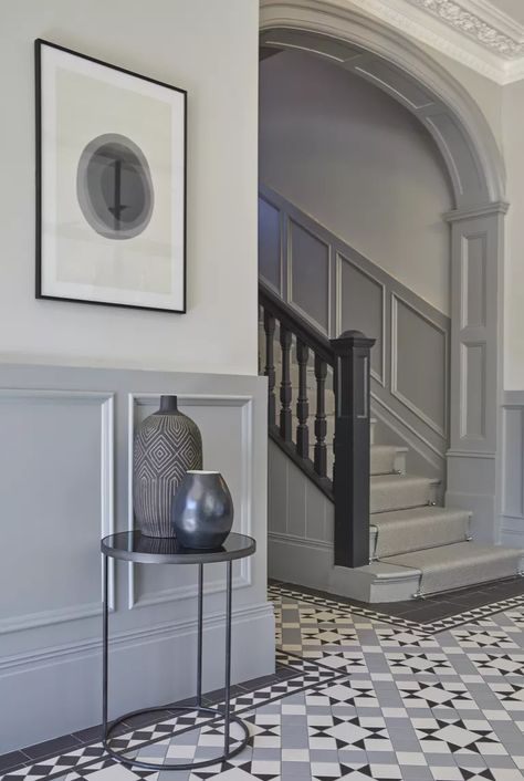 Edwardian Hallway, Modern Victorian Homes, Stair Paneling, Entrance Hall Decor, Victorian House Interiors, Victorian Interior Design, Victorian Hallway, Hallway Colours, Victorian Floor Tiles