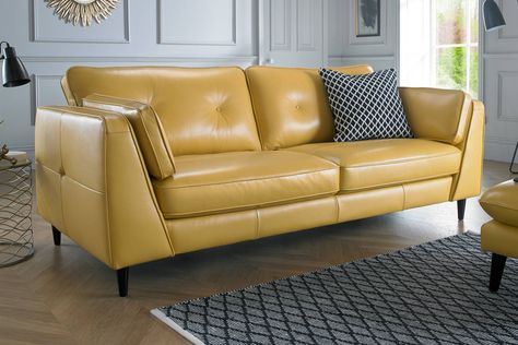 Zahara | Sofology Yellow Leather Couch, Yellow Sofa Design, Yellow Leather Sofa, Sofa Room Ideas, Yellow Leather Sofas, Colored Couch, Mustard Sofa, Ranch Interior, Mustard Bedding