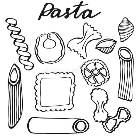 Pasta set. Hand-drawn cartoon kinds of pasta. Doodle drawing. vector illustration Pasta Drawing, Kinds Of Pasta, Drawing Vector, Dot Journals, Pasta Shapes, Italian Pasta, Put A Ring On It, Pottery Painting, Doodle Drawings