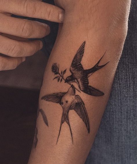 Bird Inner Arm Tattoo, Swooping Bird Tattoo, Vintage Items Tattoo, Different Bird Tattoos, Male Bird Tattoo, Swallow Tattoo Placement, Birds On Arm Tattoo, Bird Holding Flower Tattoo, Realistic Swallow Tattoo Design