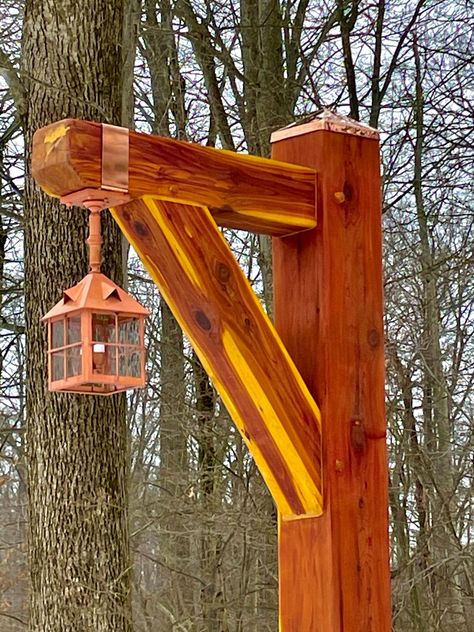 Timber Frame Design, Eastern Red Cedar, Landscaping Around Trees, Driveway Lighting, Cedar Posts, Garden String Lights, Driveway Entrance, Copper Lantern, Wooden Street