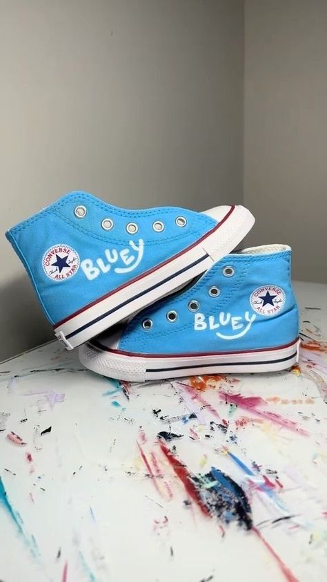 Teeny tiny toddler sneaks 🥹❤️😭 so so cute! | Brush Me Off | Bluey · Bluey Theme Tune Bluey Bingo Shoes Diy, Bluey Painted Shoes, Bluey Converse, Bluey Painting, Cricut Shoes, Bluey Merch, Bluey Shoes, Bluey Dress, Fiesta Bluey