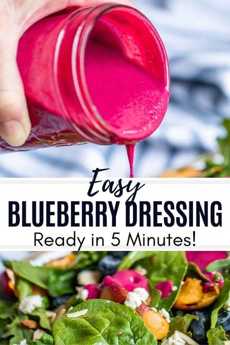 This easy Blueberry Vinaigrette Salad Dressing is simple to make and ready in only 5 minutes. This healthy dressing is perfect for summer salads, can be made ahead of time ot even frozen. This vinaigrette is made with fresh blueberries, lemon juice, olive oil and honey for a sweet and smooth combination. #salad #healthy #drressing #blueberries Berry Dressing, Blueberry Salad Dressing, Blueberry Dressing, Sweet Salad Dressings, Blueberry Vinaigrette, Vinaigrette Dressing Recipe, Grilled Peach Salad, Healthy Dressing, Salad Dressing Recipes Healthy