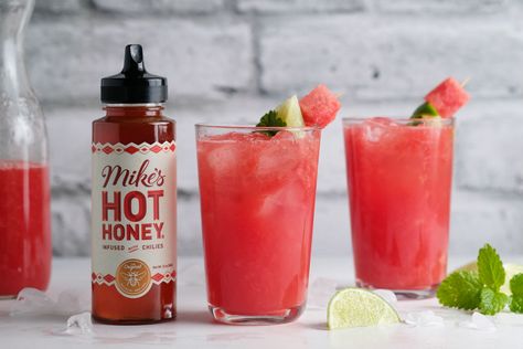 Spicy Watermelon Mule! Cool off with this refreshing cocktail featuring Mike's Hot Honey. Spicy Honey Cocktail, Hot Honey Recipe, Honey Cocktail, Watermelon Water, Honey Drink, Hot Cocktails, Mule Recipe, Perfect Summer Drink, Sweet Heat