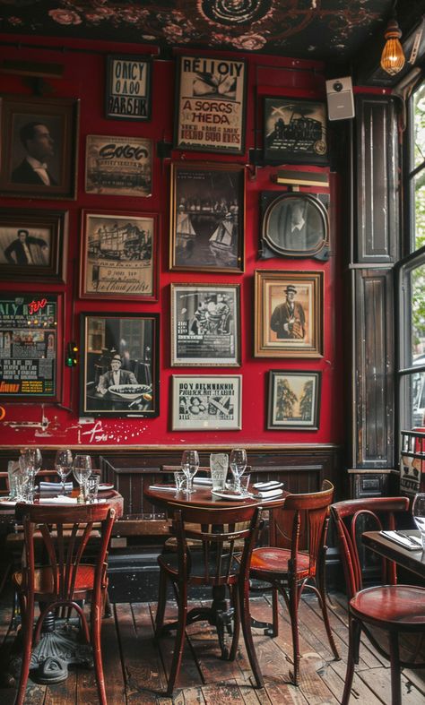 Charming Parisian bistro with red walls, antique posters, rustic tables and chairs creating a cozy, nostalgic atmosphere Antique Restaurant Design, Vintage Restaurant Aesthetic, Old Restaurant Aesthetic, French Bistro Interior, Historic Decor, Bistro Interior Design, Parisian Culture, Antique Posters, Parisian Dining