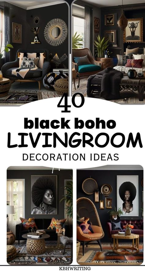 40 Black Bohemian Living Room Ideas Boho Goth Living Room Ideas, Black Couch Cozy Living Room, Black Boho Living Room Decor, Black On Black Living Room, How To Decorate A Dark Living Room, Black Living Room With Plants, Afroboho Living Room, Goth Boho Living Room, Black Walls Room