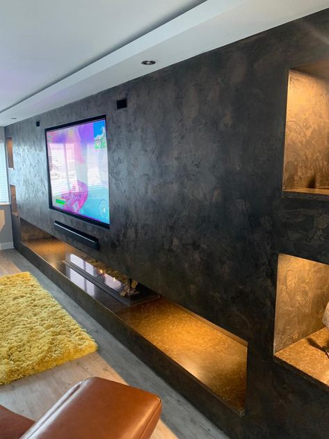 Venetian Plaster Interior Design Manchester Cheshire - Venetian Plastering North West. - Luxury TV wall Venetian Plaster Tv Wall, Textured Plaster Fireplace, Venetian Plaster Media Wall, Plaster Interior Design, Plastering Walls Ideas, Plastering Walls, Venetian Plastering, Plaster Interior, Luxury Tv Wall