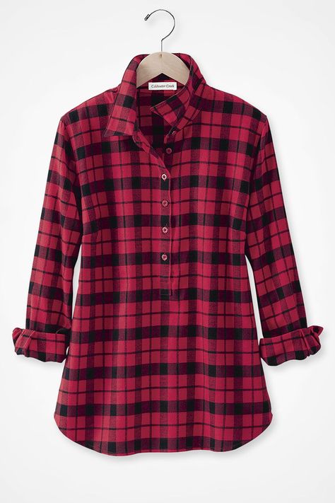 Our comfortable pullover is an easy choice, invitingly soft in brushed double-faced flannel. Buttoned half-placket, shirttail hem. Linen Ankle Pants, Plaid Pullover, Plaid Tunic, Knit Denim, Embroidered Tunic, Casual Stripes, Tunic Styles, Cozy Sweatshirts, Coldwater Creek