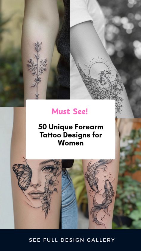 This pin showcases 50 unique forearm tattoo designs for women. It captures a range of styles, from floral motifs to minimalist concepts, using 4 images to inspire your next tattoo adventure. Healing Tattoos For Women Forearm, Nature Forearm Tattoo Women, Vine Forearm Tattoo Women, Womens Tattoo Ideas Unique Beautiful, Top Forearm Tattoo Women, Female Tattoos Unique Forearm, Forearm Tattoo Women Unique, Outer Forearm Tattoo Women Unique, Sleeve Tats For Women