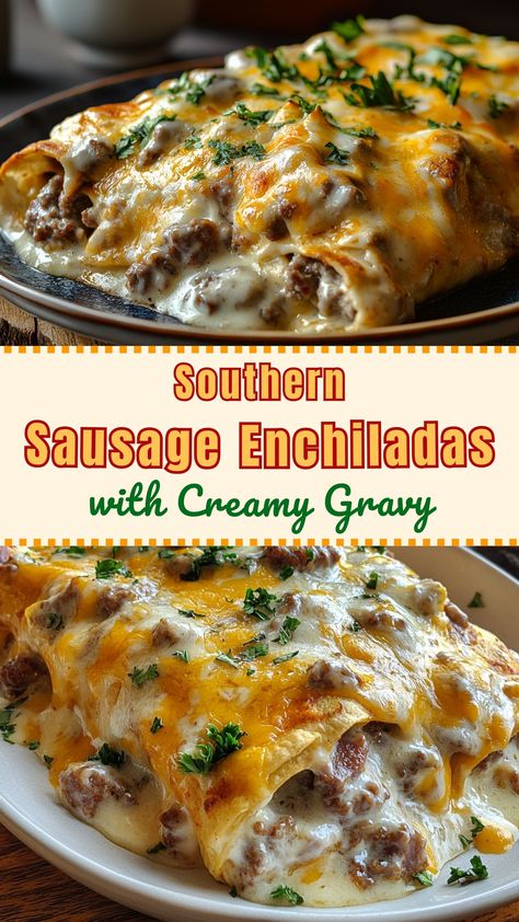 Easy Dinner Recipes: Southern Sausage Enchiladas with Creamy Gravy Sausage Gravy Dinner Ideas, Things To Cook With Sausage, Sausage Enchilada Casserole, Ground Sage Recipes, Make Ahead Comfort Food, Dinners With Pork Sausage, Green Chili Sausage Gravy, Leftover Sausage Gravy What To Do With, Casserole With Sausage Dinners