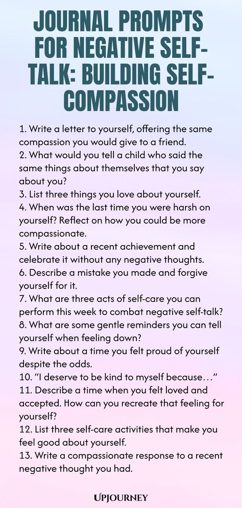 Explore these empowering journal prompts designed to help you challenge negative self-talk and cultivate self-compassion. Use these thought-provoking prompts to shift your mindset and build a more nurturing relationship with yourself. Whether you're struggling with self-doubt, criticism, or comparison, these prompts will guide you towards greater self-acceptance and kindness. Embrace the journey of self-discovery and start rewriting your inner dialogue today. Therapist Tips, Journal Thoughts, Feelings List, Psychology Terms, Inner Dialogue, Relationship Quizzes, Relationship With Yourself, Journal Questions, Happiness Journal