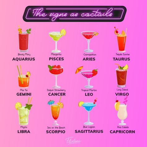 The signs as coctails Zodiac Alcohol Drinks, Zodiac Cocktails Sagittarius, Zodiac Signs As Drinks, Zodiac Signs Drinks, Zodiac Drinks, Zodiac Food, Flirtini, Interactive Post, Funny Cocktails