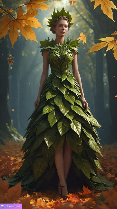 Leaf Dress Costume, Junk Couture, Junk Kouture, Mother Nature Costume, Blue Purple Hair, Church Outfit Ideas, Andy Goldsworthy, Couture Ideas, Elf Art