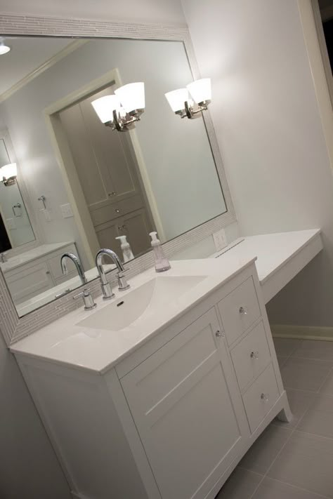 'Her' Vanity and make-up counter - Transitional - Bathroom - Other - by Surface Architecture & Design | Houzz Make Up Vanity In Bathroom, Vanity Ideas Master Bath, Bathroom With Vanity Area, Built In Makeup Vanity In Bathroom, Bathroom Vanity With Makeup Counter, Bathroom Vanity With Makeup, Bathroom Vanity With Makeup Area, Vanity With Makeup Area, Vanity With Makeup