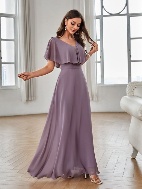 Bridesmaid Gown With Sleeves Classy, Chiffon Maxi Dress With Sleeves Classy, Chiffon Bridesmaid Dress With Sleeves, Elegant Bridesmaid Dresses With Sleeves, Purple Chiffon Bridesmaid Dress For Party, Formal Maxi-length Chiffon Bridesmaid Dress, Formal Purple Chiffon Bridesmaid Dress, Bridesmaid Dress Purple, Purple A-line Bridesmaid Dress