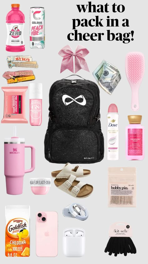 what to pack in your cheer backpack! Cheer Snack Bag Ideas, What To Put In My Cheer Bag, What To Keep In Your Cheer Bag, Cheer Mom Bag Essentials, Cheer Bags Ideas, Cheer Bag Essentials, Cheer Essentials, Mom Bag Essentials, Cheerleading Backpacks