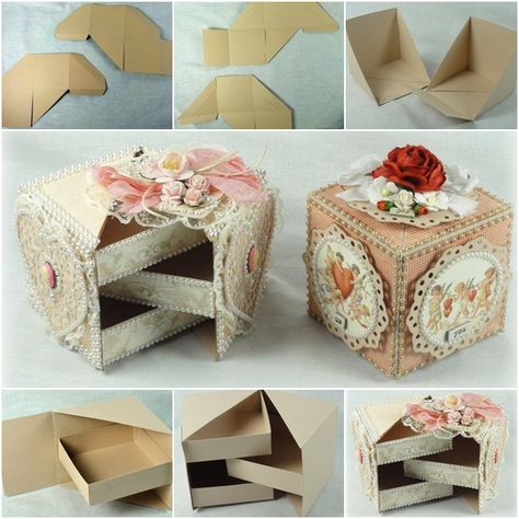 How to DIY Secret Jewelry Box from Cardboard tutorial and instruction. Follow us: www.facebook.com/fabartdiy Penyimpanan Makeup, Jewelry Box Diy, Cardboard Jewelry Boxes, Jewellery Box Making, Old Jeans, Craft Studio, Cardboard Crafts, Diy Box, Card Box