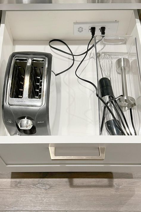 Installing Docking Drawer in-drawer outlets in appliance garages or pull-outs, provides a convenient power source for your small appliances within a designated space while discreetly hiding them away when not in use. Appliance Drawer Kitchen, Drawer Charging Station, Hidden Electrical Outlets, Appliance Drawer, Drawer Outlet, Docking Drawer, Dream Bathroom Vanity, Appliance Garage, Camper Kitchen