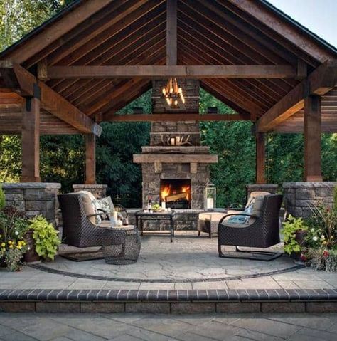 Rustic Outdoor Fireplaces, Outdoor Fireplace Designs, Patio Fireplace, Backyard Fireplace, Backyard Pavilion, Outdoor Living Rooms, Backyard Living, Pergola Patio, Rustic Outdoor