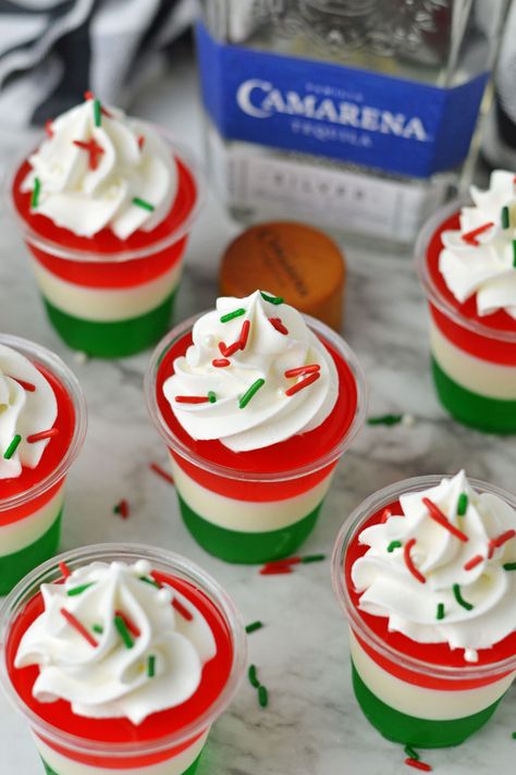 Mexican Flag Jello Shots Flag Jello, Camping Trip Food, White Jello, Layered Shots, Candy Shots, Flag Of Mexico, Layered Jello, Jelly Shots, Mexican Independence Day