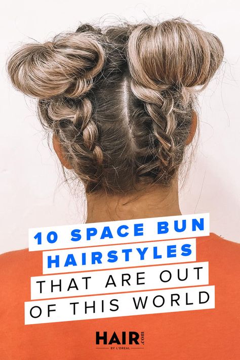 Space Buns With Braids, Space Bun Hairstyles, Hair Designs For Girls, Two Buns Hairstyle, Straight Back Braids, Space Bun, Cute Prom Hairstyles, High Bun Hairstyles, World Hair