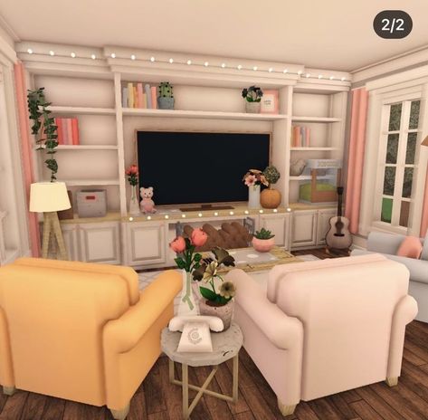 Bloxburg Pastel Living Room, Boho Living Room Bloxburg, Bloxburg House Ideas Interior Living Room, Living Room Ideas For Bloxburg, Cute Bloxburg Living Room Ideas, Bloxburg Living Room Ideas Aesthetic, Bloxburg House Ideas Living Room, Bloxburg House Living Room Ideas, Living Room Designs Bloxburg