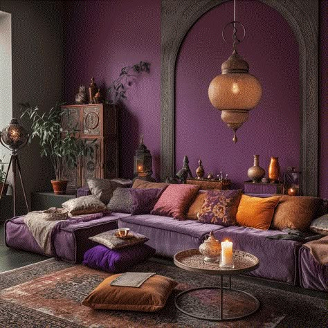 Lavish Mediterranean Bohemian Lounge in Purple [Room Concept] Purple And Brown Living Room, Purple Lounge, Boho Bedroom Purple Walls, Plum Living Room Ideas, Jewel Tone Interior Design, Deep Purple Boho Bedroom, Purple House Interior Ideas, Purple Couch Living Room Decor Boho, Red And Purple Interior Design